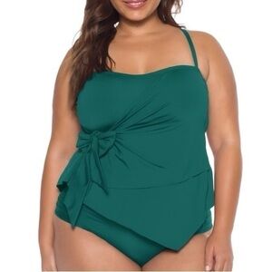 Becca Etc Plus‎ Size Solid Color Code Asymmetrical Tankini Top Color Fern